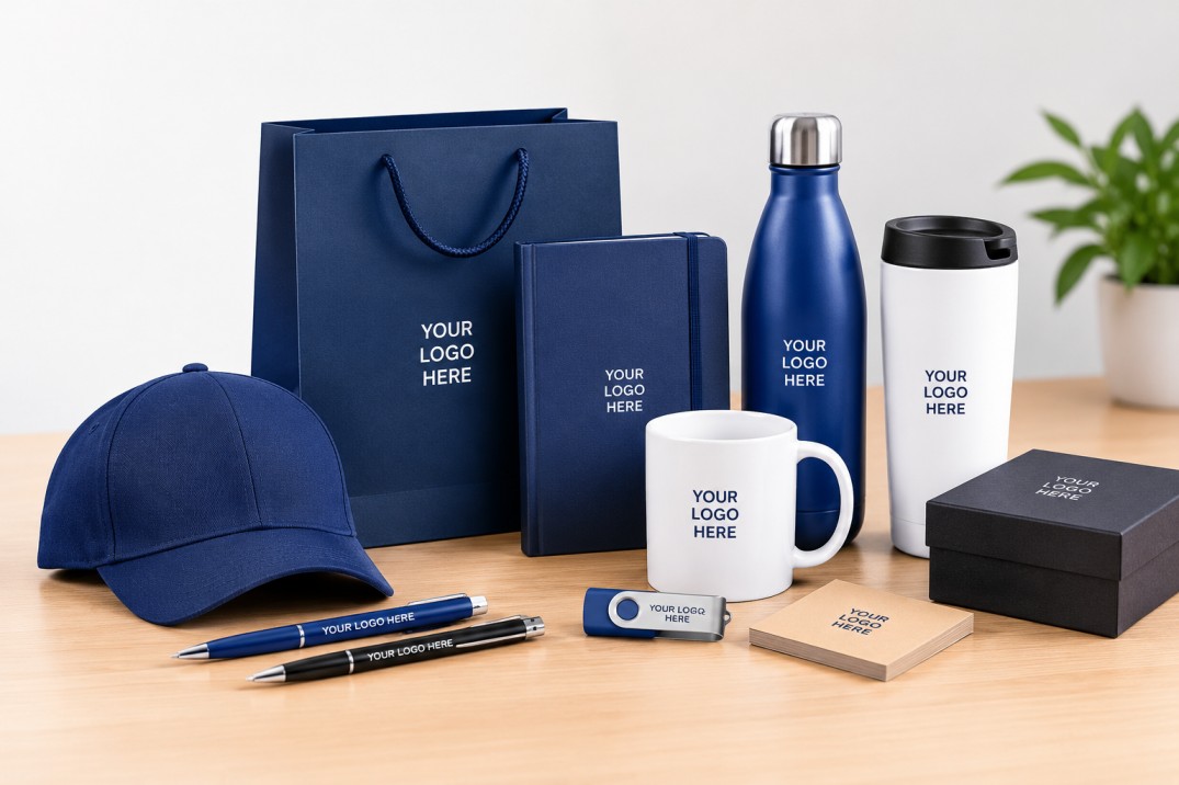 Corporate gifts suppliers in Dubai with branded pens, bottles, mugs and notebooks